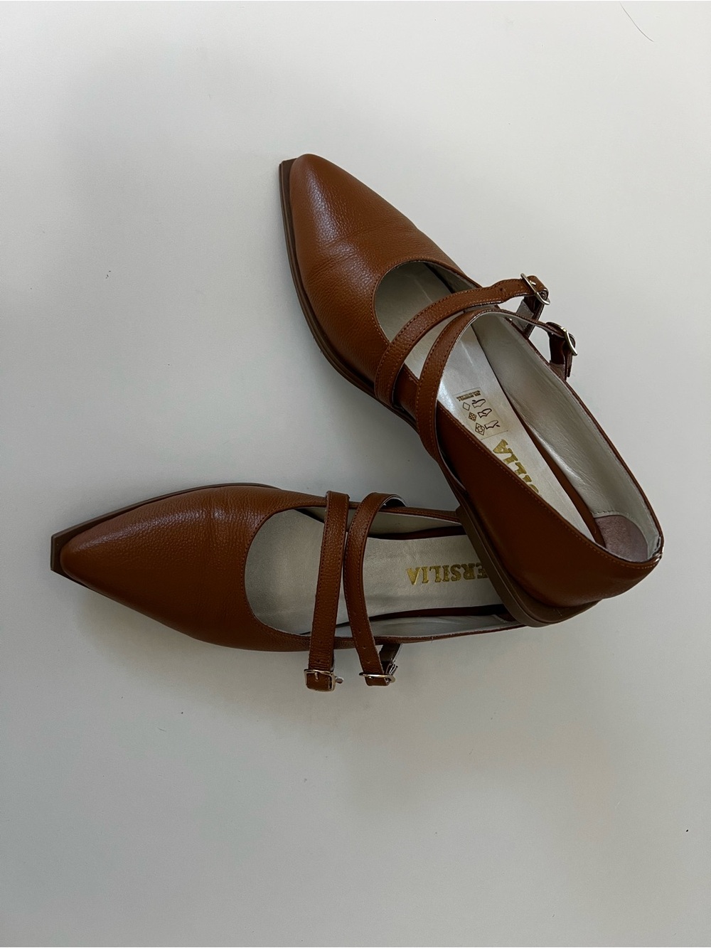 Women's Tan Pointed-Toe Double-Strap Flats